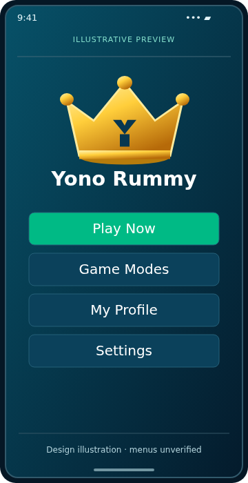 Illustrative Yono Rummy Home Screen concept; not an actual app screenshot